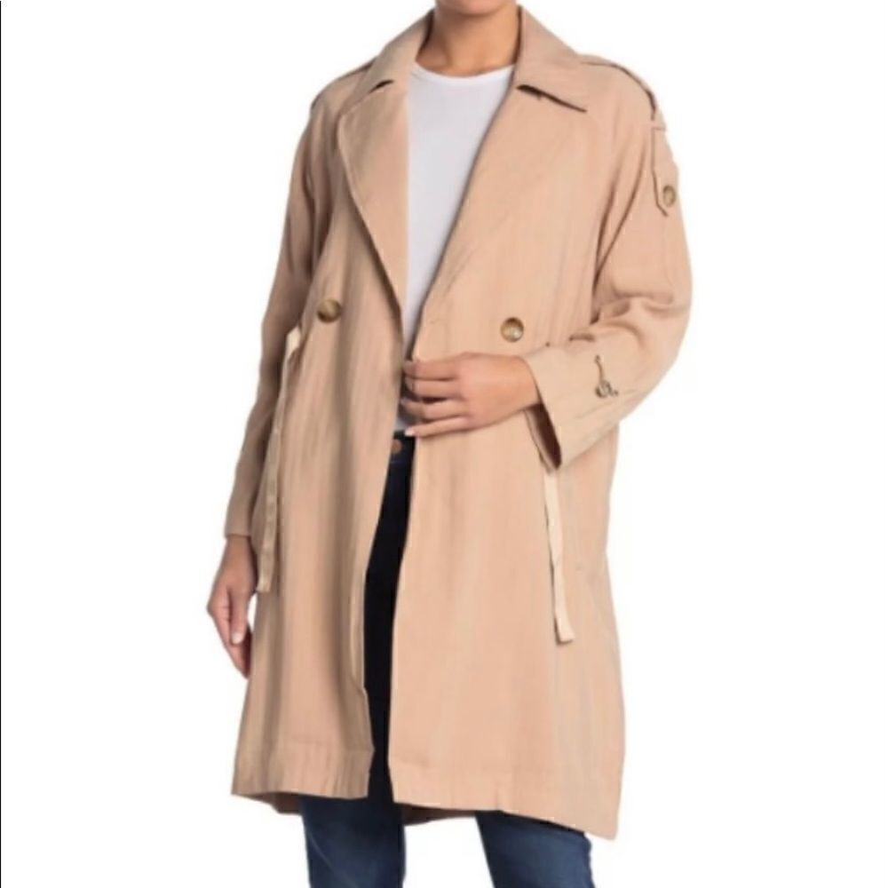 LOVE TOKEN Women’s Stripe Print Tie Trench Coat JACKET BEIGE STRIPE SIZE XS NWT